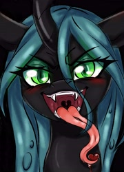 Size: 3999x5559 | Tagged: safe, artist:murny, derpibooru import, queen chrysalis, changeling, changeling queen, fangs, heart, long tongue, looking at you, mawshot, open mouth, open smile, sketch, smiling, solo, tongue, tongue out, uvula