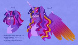 Size: 2906x1685 | Tagged: safe, artist:fizzmitz, derpibooru import, twilight sparkle, twilight sparkle (alicorn), unicorn twilight, alicorn, pony, unicorn, g4, ascension enhancement, blue background, bust, claws, coat markings, colored wings, facial markings, female, glasses, gradient wings, horn, looking at you, mare, simple background, smiling, smiling at you, solo, star (coat marking), ultimate twilight, wing claws, wings