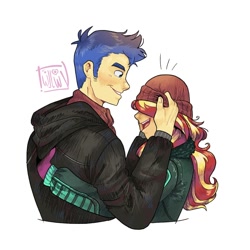 Size: 1350x1350 | Tagged: safe, artist:twillow, derpibooru import, flash sentry, sunset shimmer, human, equestria girls, g4, beanie, bust, clothes, duo, duo male and female, female, flashimmer, hat, height difference, jacket, male, open mouth, open smile, shipping, signature, simple background, smiling, spanish description, straight, teasing, white background