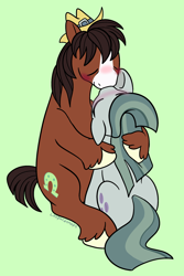 Size: 2000x3000 | Tagged: safe, artist:leopardsnaps, derpibooru import, marble pie, trouble shoes, earth pony, pony, g4, blushing, cute, duo, eyes closed, female, green background, hat, height difference, hoof on face, kissing, looking up, male, marblebetes, mare, ship:marbleshoes, shipping, simple background, size difference, stallion, straight, troublebetes, unshorn fetlocks