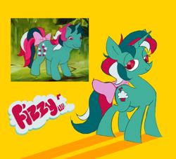 Size: 2200x2000 | Tagged: safe, artist:rubyrelax, derpibooru import, fizzy, pony, twinkle eyed pony, unicorn, g1, bow, generation leap, horn, screencap reference, simple background, tail, tail bow, yellow background