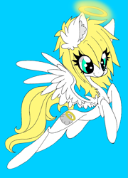 Size: 1103x1534 | Tagged: safe, artist:aspenglowe, derpibooru import, oc, oc only, angel, pegasus, pony, 2012, blonde, blonde mane, blonde tail, blue background, blue eyes, cute, halo, ocbetes, simple background, solo, tail, white coat