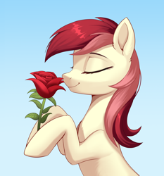 Size: 2638x2833 | Tagged: safe, artist:sierraex, derpibooru import, roseluck, earth pony, pony, g4, eyes closed, female, flower, gradient background, mare, rearing, rose, smiling, solo