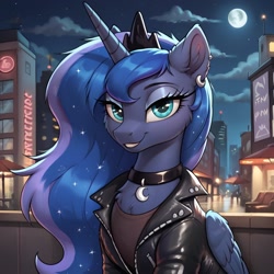 Size: 1024x1024 | Tagged: safe, ai content, derpibooru import, generator:pony diffusion v6 xl, generator:stable diffusion, machine learning generated, princess luna, alicorn, pony, g4, chest fluff, choker, city, clothes, ear fluff, ear piercing, earring, ears, female, jacket, jewelry, looking at you, mare, moon, night, piercing, prompter:thelight3d, solo