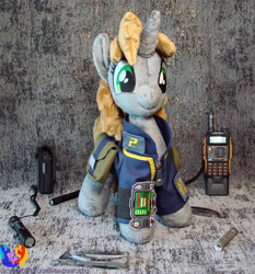 Size: 2065x2213 | Tagged: safe, artist:1stastrastudio, derpibooru import, oc, oc only, oc:littlepip, pony, fallout equestria, clothes, flashlight (object), irl, jumpsuit, lantern, photo, plushie, solo, switchblade, vault suit, walkie talkie