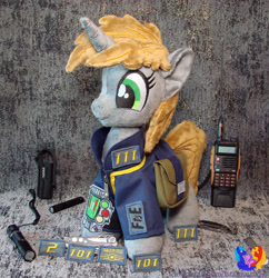 Size: 2232x2304 | Tagged: safe, artist:1stastrastudio, derpibooru import, oc, oc only, oc:littlepip, pony, fallout equestria, clothes, flashlight (object), irl, jumpsuit, lantern, photo, plushie, solo, switchblade, vault suit, walkie talkie