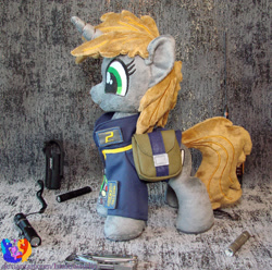 Size: 2126x2112 | Tagged: safe, artist:1stastrastudio, derpibooru import, oc, oc only, oc:littlepip, pony, fallout equestria, bag, clothes, flashlight (object), irl, jumpsuit, lantern, photo, plushie, saddle bag, solo, switchblade, vault suit, walkie talkie