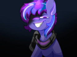 Size: 534x400 | Tagged: artist needed, safe, derpibooru import, oc, oc only, oc:moonshadow colt, unicorn, antagonist, badass, clothes, dark, evil smile, fanart, glowing, glowing horn, horn, hybrid fusion, oc villain, scarf, smiling, solo, stallion oc, striped scarf, this will end in death, unicorn oc, villainess