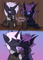 Size: 1901x2642 | Tagged: safe, artist:ashel_aras, derpibooru import, oc, oc only, changeling, pony, unicorn, fallout equestria, changeling oc, duo, gift art, horn, kissing, pony oc, sketch, text