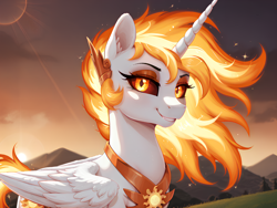 Size: 2048x1536 | Tagged: safe, ai content, derpibooru import, generator:pony diffusion v6 xl, generator:stable diffusion, machine learning generated, daybreaker, alicorn, pegasus, folded wings, looking at you, mane of fire, mountain, prompter:mr-bat, slit eyes, smiling, smiling at you, solo, sunset, wings