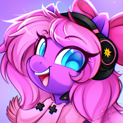 Size: 750x750 | Tagged: safe, artist:scarlet-spectrum, derpibooru import, oc, oc only, oc:lillybit, pony, bow, gradient background, hair bow, headphones, solo