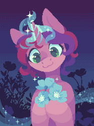 Size: 1480x1976 | Tagged: safe, artist:danvo, derpibooru import, oc, oc only, oc:melody (melodylibris), pony, unicorn, digital art, dithering, female, flower, gradient background, horn, magic, not pinkie pie, pixel art, solo, sparkles