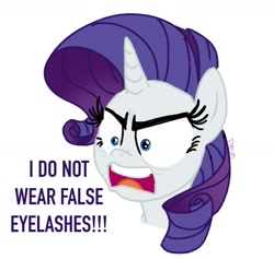 Size: 1585x1501 | Tagged: safe, artist:dravenday, derpibooru import, rarity, pony, unicorn, g4, angry, blatant lies, bust, false eyelashes, female, horn, mare, meme, open mouth, portrait, signature, simple background, solo, text, white background