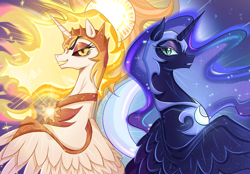 Size: 2360x1640 | Tagged: safe, artist:wood sheep, derpibooru import, daybreaker, nightmare moon, alicorn, pony, g4, armor, aside glance, blue eyes, blue mane, bust, colored pupils, digital art, duo, duo female, ethereal mane, evil sisters, eyebrows, eyelashes, eyeshadow, fangs, feather, female, flowing mane, glowing, golden eyes, helmet, horn, lidded eyes, looking at you, makeup, mane of fire, mare, open mouth, open smile, peytral, portrait, raised eyebrow, siblings, sisters, slender, smiling, smiling at you, sparkles, spread wings, starry mane, stars, sternocleidomastoid, thin, wing armor, wings