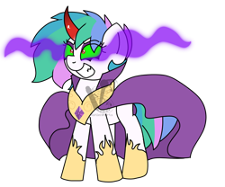 Size: 1024x854 | Tagged: safe, alternate version, artist:ashleigharts, derpibooru import, princess celestia, pony, unicorn, g4, alternate gender counterpart, alternate timeline, alternate universe, boots, cape, clothes, colored horn, corrupted celestia, curved horn, dark magic, female, hoof shoes, horn, magic, mare, messy hair, peytral, race swap, red eyes, robe, shoes, simple background, slit eyes, solo, sombra eyes, sombra horn, transparent background, unicorn celestia, vector