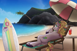 Size: 1600x1067 | Tagged: safe, artist:acry-artwork, derpibooru import, oc, oc only, oc:radical bay, earth pony, pony, beach, earth pony oc, my little pony logo, solo, surfboard