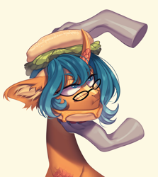 Size: 3110x3481 | Tagged: safe, artist:meggychocolatka, derpibooru import, blue eyes, blue hair, burger, food, glasses, horn, lettuce, meat, orange body, paws