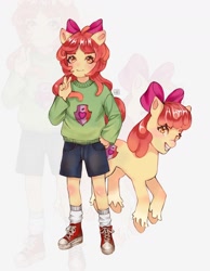 Size: 1400x1800 | Tagged: safe, artist:willyjoy, derpibooru import, apple bloom, earth pony, human, pony, g4, clothes, converse, eared humanization, female, filly, foal, grin, human ponidox, humanized, self paradox, self ponidox, shoes, shorts, smiling, socks, sweater, unshorn fetlocks, zoom layer