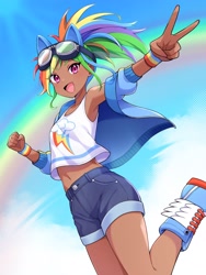 Size: 2250x3000 | Tagged: safe, artist:ohuonn89, derpibooru import, rainbow dash, human, armpits, bare shoulders, clothes, cute, dark skin, feminism, goggles, humanized, jacket, kotobukiya, kotobukiya rainbow dash, peace sign, rainbow, shirt, shorts, tanktop