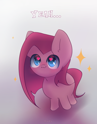 Size: 2000x2550 | Tagged: safe, artist:miryelis, derpibooru import, pinkie pie, earth pony, pony, chibi, cute, cuteamena, gray background, pinkamena diane pie, simple background, smiling, smol, solo, sparkles, text, yeah