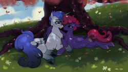 Size: 2620x1473 | Tagged: safe, artist:frowoppy, derpibooru import, oc, oc only, pegasus, pony, unicorn, dappled sunlight, duo, horn, oc x oc, pegasus oc, shipping, tree, under the tree, unicorn oc