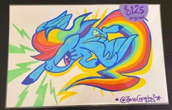 Size: 4032x2574 | Tagged: safe, artist:janegumball, derpibooru import, part of a set, rainbow dash, pegasus, pony, g4, advertisement in description, blue coat, blue hooves, colored hooves, female, flowing mane, flowing tail, flying, high res, hooves, looking back, mare, multicolored hair, multicolored mane, outline, pink eyes, posca, profile, rainbow hair, rainbow tail, signature, smiling, solo, tail, traditional art