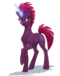 Size: 1988x2528 | Tagged: safe, artist:sierraex, derpibooru import, fizzlepop berrytwist, tempest shadow, pony, unicorn, g4, artificial horn, augmented, broken horn, female, glowing, glowing horn, horn, looking at you, magic, magic horn, mare, simple background, smiling, smiling at you, solo, tempest gets her horn back, white background