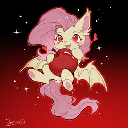 Size: 2048x2048 | Tagged: safe, artist:poyuewu, derpibooru import, fluttershy, bat pony, pony, apple, bat ponified, chibi, female, flutterbat, food, gradient background, heart, mare, open mouth, race swap, red eyes, red outline, solo, sparkles, text