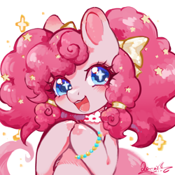 Size: 1500x1500 | Tagged: safe, artist:poyuewu, derpibooru import, pinkie pie, earth pony, pony, alternate hairstyle, blushing, bracelet, female, jewelry, mare, open mouth, simple background, solo, white background