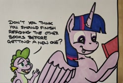 Size: 2048x1384 | Tagged: safe, artist:hoofclid, derpibooru import, spike, twilight sparkle, twilight sparkle (alicorn), alicorn, dragon, pony, g4, book, cute, dialogue, duo, duo male and female, female, lidded eyes, male, mare, marker drawing, that pony sure does love books, tongue, tongue out, traditional art, twiabetes, wingless spike