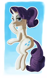 Size: 2509x4096 | Tagged: safe, artist:_ton618_, derpibooru import, part of a set, rarity, pony, unicorn, alternate hairstyle, bedroom eyes, bikini, butt, clothes, female, gold swimsuit, golden bikini, grin, horn, looking at you, mare, plot, ponytail, rearity, smiling, smiling at you, solo, swimsuit