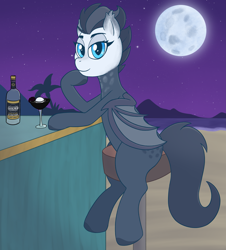 Size: 3167x3508 | Tagged: safe, artist:ligmire, derpibooru import, oc, oc only, oc:crystal eclipse, bat pony, alcohol, bat pony oc, bat wings, beach, blue eyes, drink, everclear, female, mare, moon, multicolored coat, multicolored hair, night, outdoors, solo, stars, wings