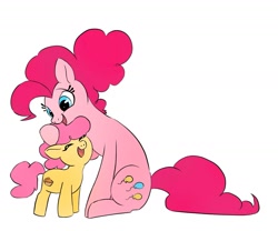 Size: 1513x1256 | Tagged: safe, artist:mayugraffiti, derpibooru import, li'l cheese, pinkie pie, earth pony, pony, colt, duo, eyes closed, female, foal, head pat, male, mare, mother and child, older, older pinkie pie, open mouth, open smile, parent and child, pat, simple background, smiling, white background