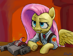 Size: 2600x2000 | Tagged: safe, artist:solixy406, derpibooru import, fluttershy, pegasus, pony, g4, bust, female, fluttermedic, grin, high res, lidded eyes, mare, medic (tf2), partially open wings, smiling, solo, team fortress 2, wings