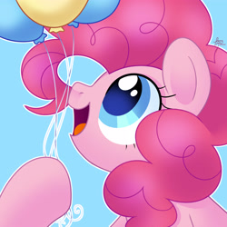 Size: 4000x4000 | Tagged: safe, artist:fizzlefer, derpibooru import, pinkie pie, earth pony, pony, g4, absurd resolution, balloon, colored pupils, cute, diapinkes, female, hoof hold, light blue background, looking up, mare, open mouth, open smile, outline, simple background, smiling, solo, that pony sure does love balloons, white outline