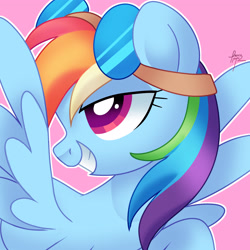 Size: 4000x4000 | Tagged: safe, artist:fizzlefer, derpibooru import, rainbow dash, pegasus, pony, g4, absurd resolution, colored pupils, female, goggles, goggles on head, grin, lidded eyes, looking up, mare, outline, pink background, simple background, smiling, solo, spread wings, white outline, wings