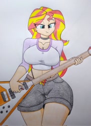 Size: 1483x2048 | Tagged: safe, artist:spartanmora, derpibooru import, sunset shimmer, human, equestria girls, g4, breasts, cleavage, clothes, electric guitar, female, guitar, midriff, musical instrument, smiling, solo, sunset jiggler, traditional art, wide hips