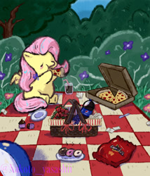 Size: 1280x1494 | Tagged: safe, artist:nakotoyasashii, derpibooru import, fluttershy, pegasus, pony, g4, basket, chibi, chips, cupcake, cute, deviantart watermark, donut, doritos, drinking straw, eating, eyes closed, female, food, glass, hoof hold, mare, obtrusive watermark, outdoors, pepsi, picnic, picnic basket, picnic blanket, pizza, shyabetes, soda, solo, strawberry, watermark