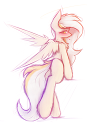 Size: 1985x2486 | Tagged: safe, artist:lu.de, derpibooru import, oc, oc only, oc:gold.de, pegasus, pony, blushing, butt, chest fluff, female, heart, looking at you, looking back, looking back at you, mare, pegasus oc, plot, simple background, solo, spread wings, tail, white background, wings