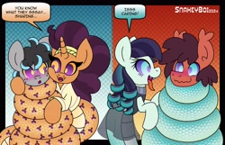 Size: 4096x2633 | Tagged: safe, artist:snakeythingy, derpibooru import, coloratura, saffron masala, oc, oc:silver wing, oc:sketchy dupe, lamia, original species, snake, snake pony, coiling, coils, commission, eye contact, female, hypno eyes, hypnosis, kaa eyes, lamiafied, looking at each other, looking into each others eyes, mare, sharing, species swap