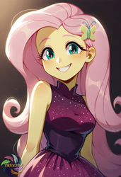 Size: 2496x3648 | Tagged: safe, ai content, derpibooru import, machine learning generated, fluttershy, human, equestria girls, g4, bare shoulders, breasts, clothes, dress, looking at you, prompter:trux23, sleeveless, smiling, smiling at you, solo, upper body