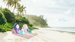 Size: 1600x900 | Tagged: safe, artist:haiikhal, derpibooru import, fluttershy, rarity, human, equestria girls, g4, beach, clothes, equestria girls in real life, female, fluttershy's wetsuit, irl, ocean, outdoors, palm tree, photo, rarity's blue sarong, rarity's purple bikini, sandals, sarong, sports bra, swimsuit, tree, water