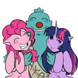 Size: 1000x1000 | Tagged: safe, artist:0liiver, derpibooru import, pinkie pie, twilight sparkle, earth pony, pony, unicorn, g4, bugsnax, crossover, filbo fiddlepie, grumpus, horn, hug, simple background, transparent background, trio