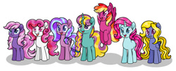 Size: 750x305 | Tagged: safe, artist:rainboomspectrumart, derpibooru import, daisy dreams, dewdrop dazzle, feathermay, lily blossom, plumsweet, earth pony, pegasus, pony, unicorn, g4, base used, cute, flitterheart, g4betes, group, horn, movie accurate, simple background, snowcatcher, white background