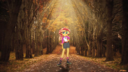 Size: 1600x900 | Tagged: safe, artist:haiikhal, derpibooru import, sunset shimmer, human, equestria girls, g4, autumn, camp everfree outfits, equestria girls in real life, female, forest, irl, leaves, nature, outdoors, photo, solo, tree