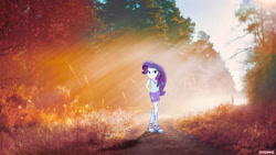 Size: 1600x900 | Tagged: safe, artist:haiikhal, derpibooru import, rarity, human, equestria girls, g4, autumn, camp everfree outfits, crepuscular rays, equestria girls in real life, female, forest, hand on hip, irl, nature, outdoors, photo, solo, tree