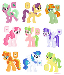 Size: 750x879 | Tagged: safe, artist:sarahbearquartz, derpibooru import, banana fluff, bumblesweet, firecracker burst, red gala, sugar grape, earth pony, pegasus, pony, unicorn, g4, apple family member, apple stars, crimson gala, female, horn, kiwi tart (g4), mare, periwinkle, pudding pie, simple background, white background