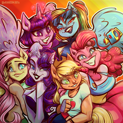 Size: 1600x1600 | Tagged: safe, artist:xconito, derpibooru import, applejack, fluttershy, pinkie pie, rainbow dash, rarity, twilight sparkle, twilight sparkle (alicorn), alicorn, anthro, earth pony, pegasus, unicorn, g4, applerack, breasts, camera, ear piercing, earring, female, grin, horn, human facial structure, jewelry, lidded eyes, lipstick, mane six, mare, no pupils, piercing, pinkie pies, prehensile mane, raritits, smiling, sunglasses, sunglasses on head