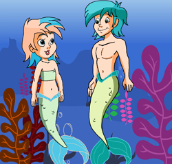 Size: 1308x1251 | Tagged: safe, artist:ocean lover, derpibooru import, coral currents, sandbar, human, mermaid, g4, bandeau, bare shoulders, belly, belly button, brother and sister, child, cute, female, fins, fish tail, friendship student, green eyes, humanized, kelp, light skin, looking at each other, looking at someone, male, male and female, merboy, mermaid tail, mermaidized, merman, midriff, ms paint, older coral currents, seaweed, short hair, siblings, smiling, smiling at each other, species swap, tail, tail fin, teenager, two toned hair, underwater, water