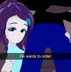 Size: 2139x2160 | Tagged: safe, artist:phoenixflambe, derpibooru import, rarity, oc, oc:valiant flame, human, equestria girls, g4, 3d, butt, car interior, he wants to order, humanized, koikatsu, meme, selfie